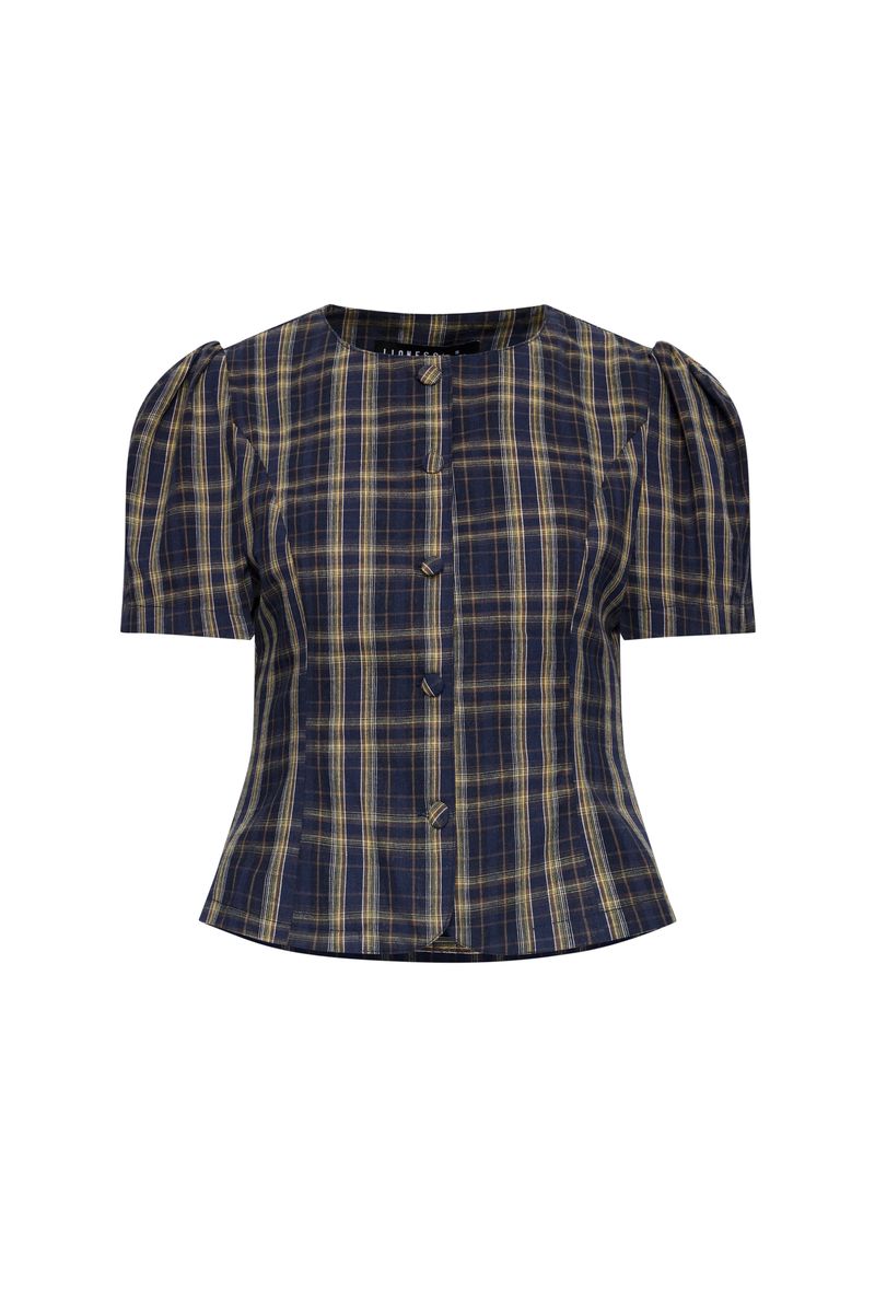 Lioness Fashion Top Pick FEMME BLOUSE - NAVY LEMON PLAID