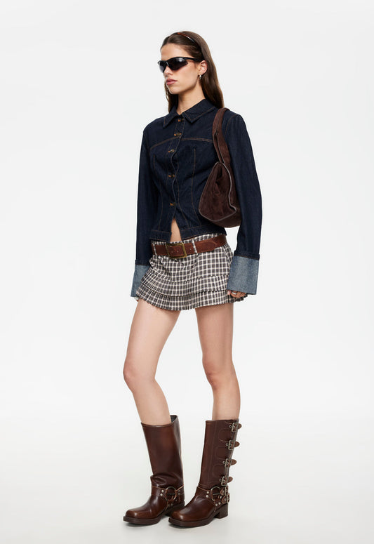 Lioness Fashion Great Value Double Ruffle Mini Skort - Cocoa Plaid